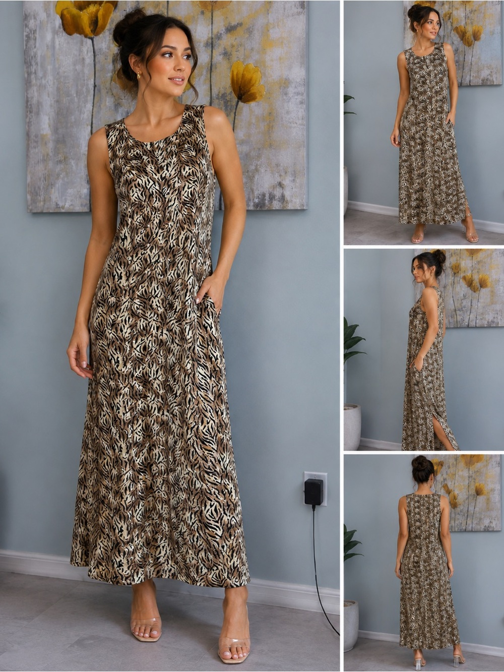 Studio I Brown Animal-Print Sleeveless Maxi Dress